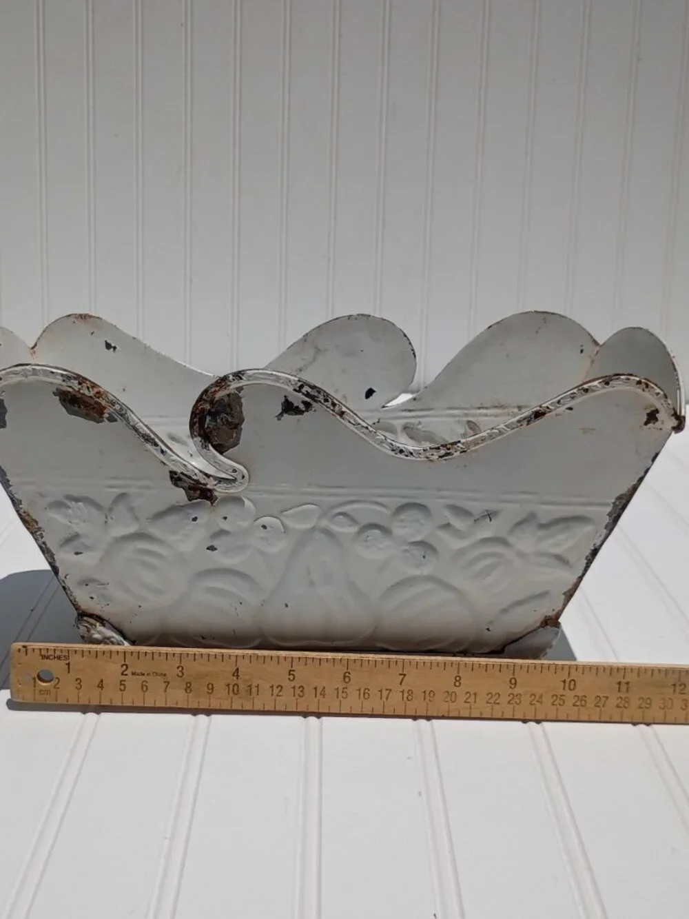Vintage Metal Planter White Distressed Farmhouse Fruit Embossed Footed Cottage